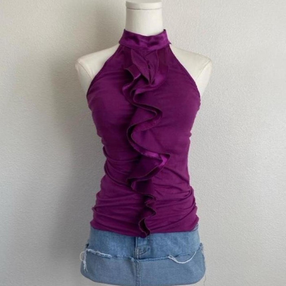 Y2K Bebe Purple Cascading Center Ruffle Halter Neck Blouse Top Fairy Whimsy